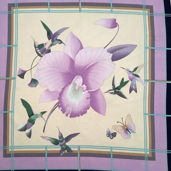 LÉONARD PARIS Purple Floral BIRD Print Scarf Silk Italy 34.5"-33.5" EX COND - Picture 3 of 11